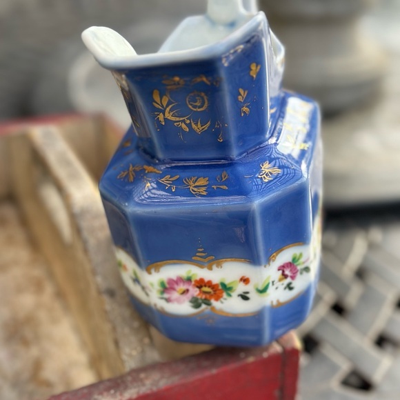 Cobalt Blue Porcelain Pitcher With Hand Painted Flowers and Gilding - Picture 6 of 9